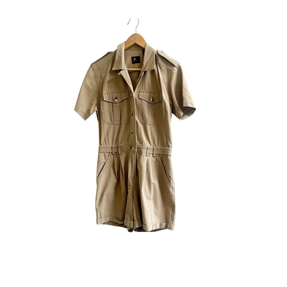 Liz Sport Petites Khaki Jumper Romper Vintage Size 2P Button Front Safari